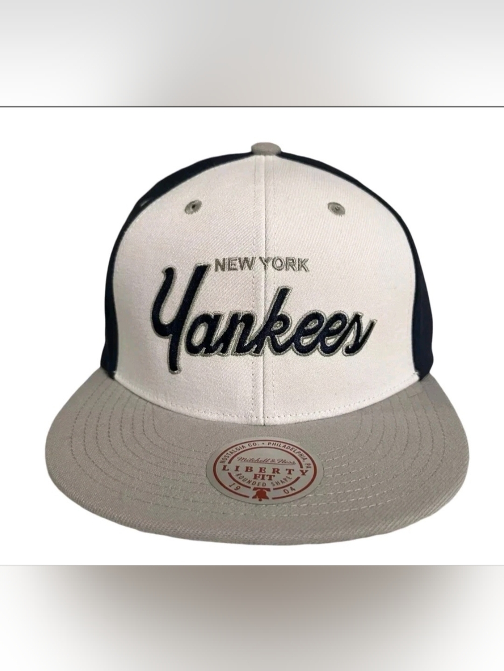 New York Yankees Hat Snapback Script White Navy Blue Mitchell & Ness OSFM